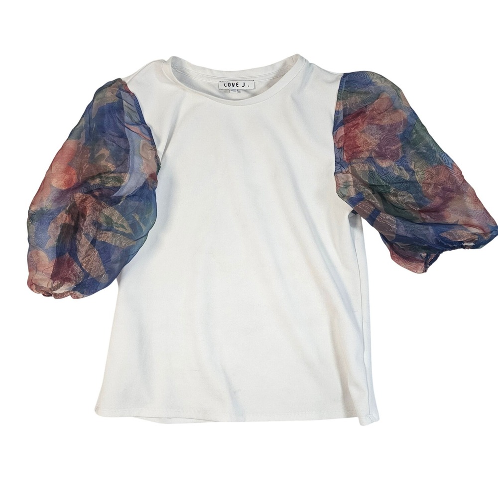 Love J White Sheer Floral Puff Sleeve Crewneck Top Large Mixed Media Blouse